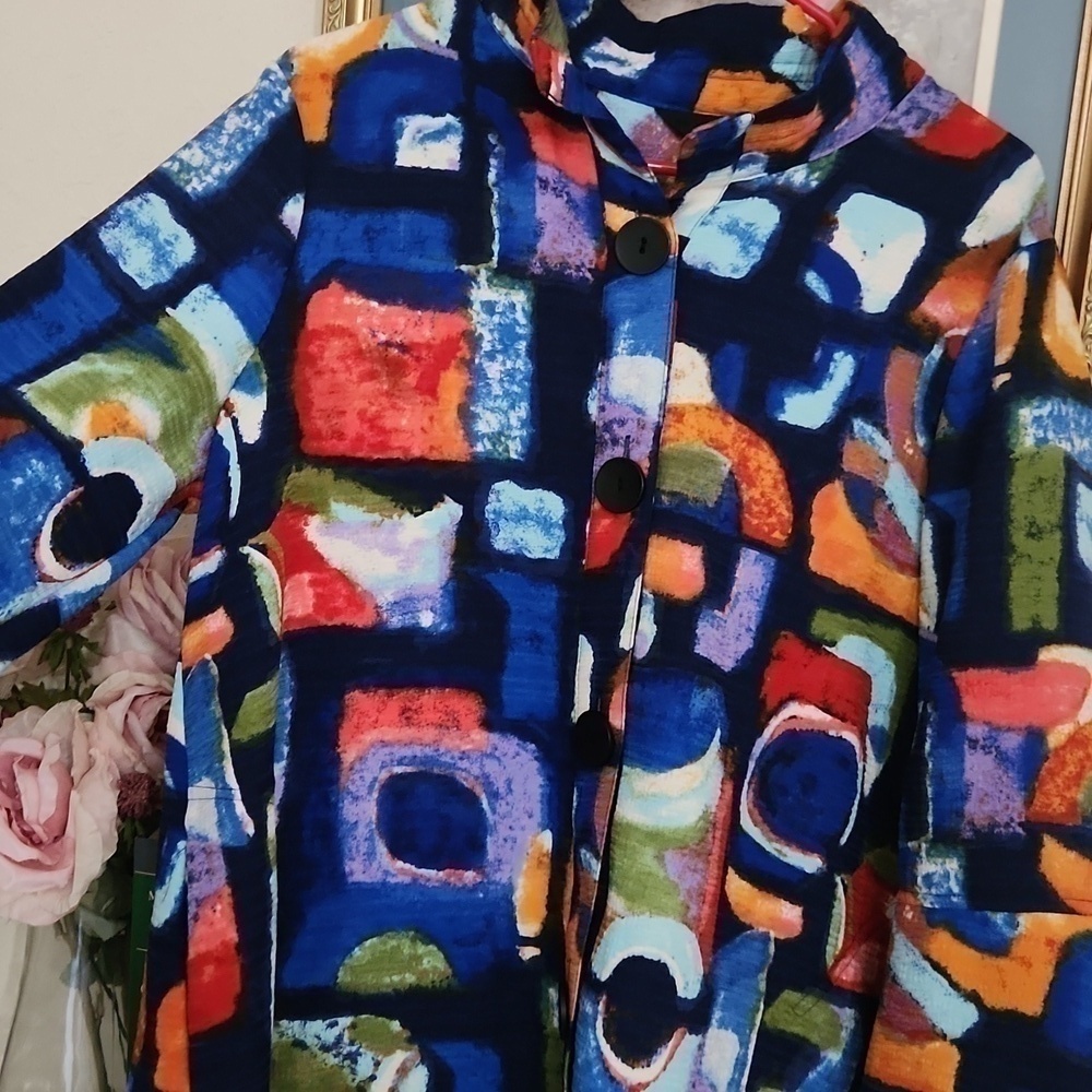 Ali Miles Colorful Abstract Patterned Coat Bell Sleeve Career Artsy Contemporary - Picture 6 of 12